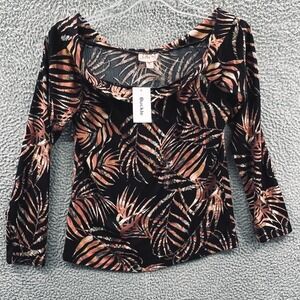 Womens Y2K Tropical Top L Stretch‎ Fitted Going Out Indie Scoop Neck Long Sleeve